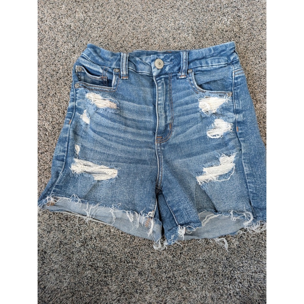 American Eagle Curvy Hi-Rise Shortie Distressed Denim Shorts Blue Womens 4